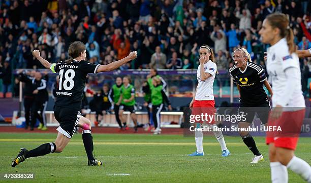 Mandy Islacker of Frankfurt celebrates with team mate Kerstin Garefrekes after scoring the winning goal during the UEFA Women's Champions League...