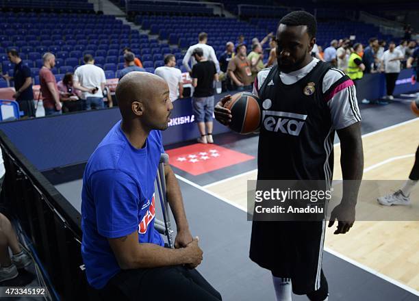 Rivers of Real Madrid and Ricky Hickman of Fenerbahce Ulker Istanbul talk to each other during the Real Madrid Practice of Turkish Airlines...