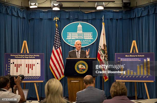 Jerry Brown, governor of California, announces the 2015-2016 fiscal year budget proposal at the State Capitol in Sacramento, California, U.S., on...