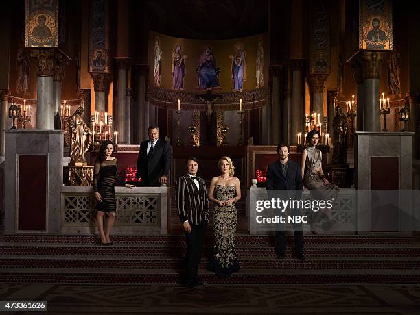 Pictured: Caroline Dhavernas as Alana Bloom, Laurence Fishburne as Jack Crawford, Mads Mikkelsen as Hannibal Lecter, Gillian Anderson as Bedelia Du...