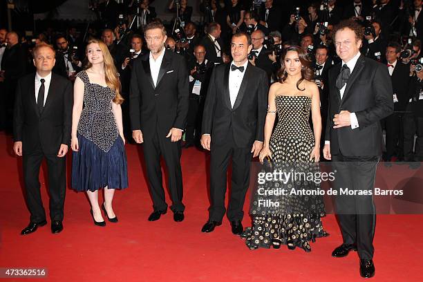 Bebe Cave, Vincent Cassel, Matteo Garrone, Salma Hayek and John C Reilly attend the "Il Racconto Dei Racconti" premiere during the 68th annual Cannes...