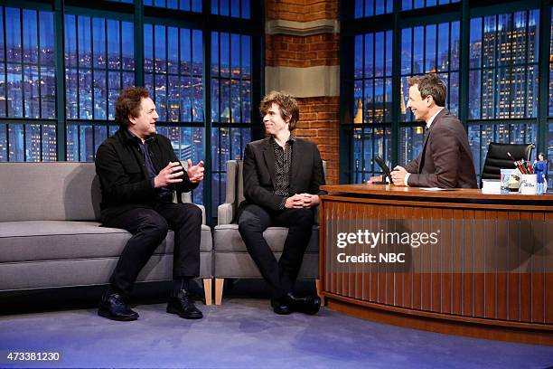 Episode 207 -- Pictured: Tom Scharpling & Jon Wurster, hosts of The Best Show, during an interview with host Seth Meyers on May 14, 2015 --