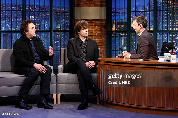 Episode 207 -- Pictured: Tom Scharpling & Jon Wurster, hosts of The Best Show, during an interview with host Seth Meyers on May 14, 2015 --