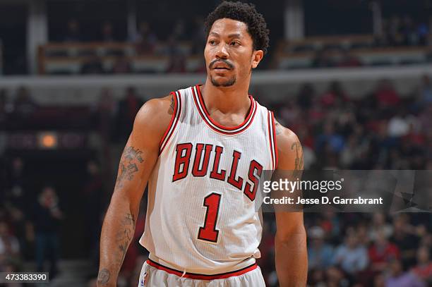 Derrick Rose of the Chicago Bulls looks on against the Cleveland Cavaliers at the United Center During Game Six of the Eastern Conference Semifinals...