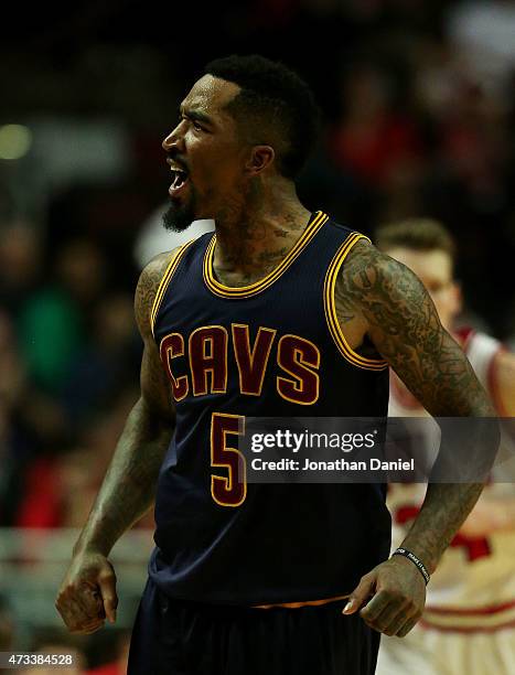 Smith of the Cleveland Cavaliers celebrates after making a three pointer against the Chicago Bulls in the third quarter during Game Six of the...