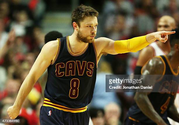 Matthew Dellavedova of the Cleveland Cavaliers reacts in the fourth quarter against the Chicago Bulls during Game Six of the Eastern Conference...