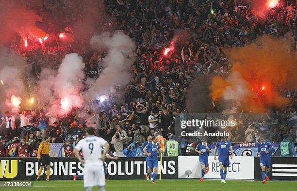 Fans and Dnipro players celebrate their victory after the UEFA Europa League Semi Final second leg match between FC Dnipro Dnipropetrovsk and SSC...