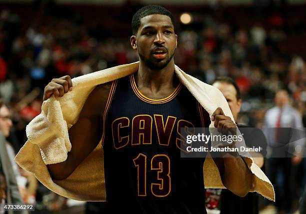 Tristan Thompson of the Cleveland Cavaliers reacts after their 94 to 73 win over the Chicago Bulls during Game Six of the Eastern Conference...