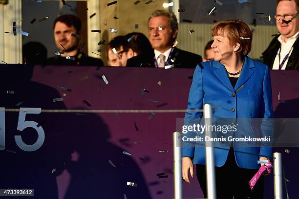 German Chancellor Angela Merkel leaves the cup ceremony during the UEFA Women's Champions League Final between 1. FFC Frankfurt and Paris St. Germain...