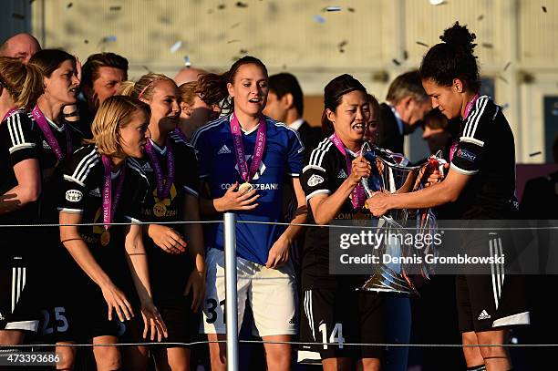 Kozue Ando of 1. FFC Frankfurt celebrates with the trophy after the UEFA Women's Champions League Final between 1. FFC Frankfurt and Paris St....