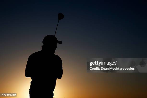Eddie Pepperell of England hits a practice shot on the driving range prior to Day 2 of the Open de Espana held at Real Club de Golf el Prat on May...