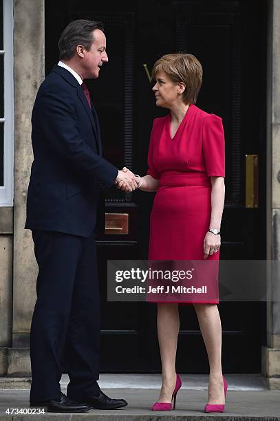 British Prime Minster David Cameron meets with Scottish First Minister and leader of the SNP Nicola Sturgeon at Bute House on May 15, 2015 in...