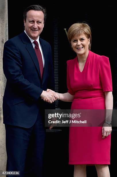 British Prime Minster David Cameron meets with Scottish First Minister and leader of the SNP Nicola Sturgeon at Bute House on May 15, 2015 in...