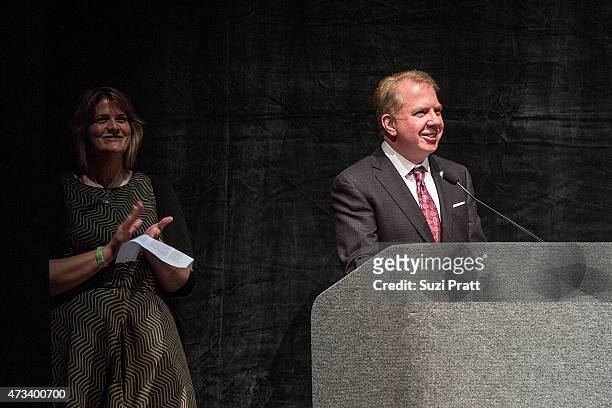 Megan Griffiths and Seattle mayor Ed Murray on stage during the opening night of the Seattle International Film Festival at McCaw Hall on May 14,...