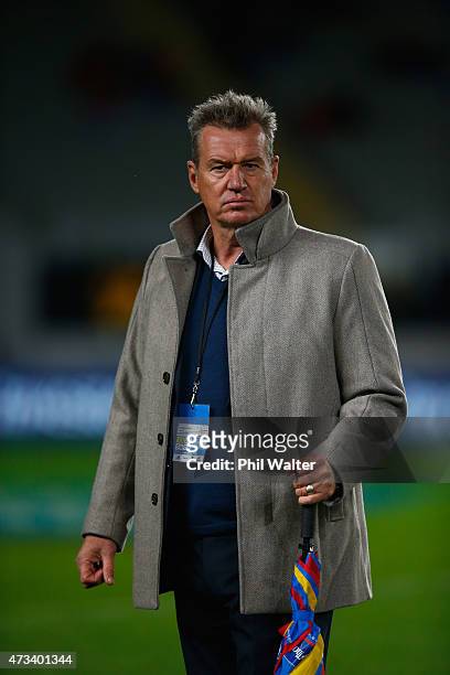 Blues coach Sir John Kirwan looks on before the round 14 Super Rugby match between the Blues and the Bulls at Eden Park on May 15, 2015 in Auckland,...