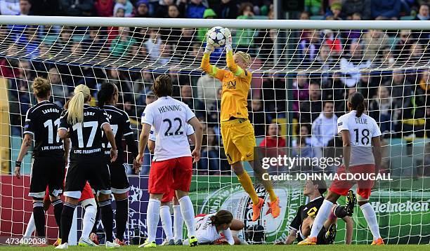 Paris Saint-Germain's goalkeeper Katarzyna Kiedrzynek makes a save during the UEFA Champions League women football match final Paris Saint-Germain vs...