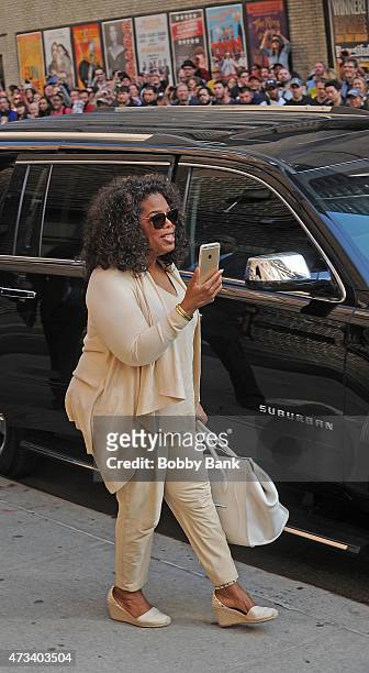 Personality Oprah Winfrey arrives at the "Late Show With David Letterman" on May 14, 2015 in New York City.
