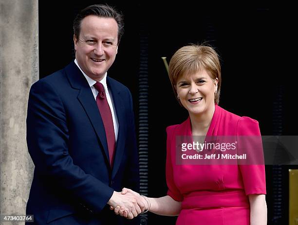 British Prime Minster David Cameron meets with Scottish First Minister and leader of the SNP Nicola Sturgeon at Bute House on May 15, 2015 in...