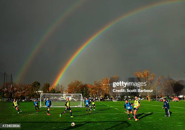 General view as a double rainbow forms overhead during a Melbourne Victory A-League training session at Gosch's Paddock on May 12, 2015 in Melbourne,...