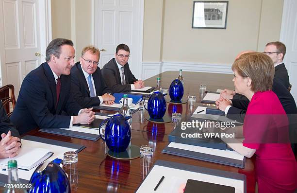 British Prime Minster David Cameron meets with Scottish First Minister and leader of the SNP Nicola Sturgeon at Bute House on May 15, 2015 in...