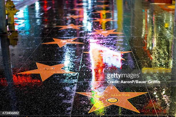 View of the Hollywood Walk of Fame in the rain at Hollywood & Highland on May 14, 2015 in Los Angeles, California.