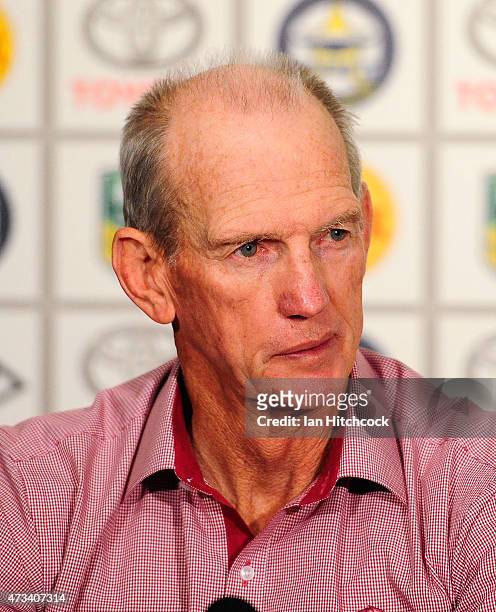 Broncos coach Wayne Bennett looks on during the post match media conference at the end of during the round 10 NRL match between the North Queensland...