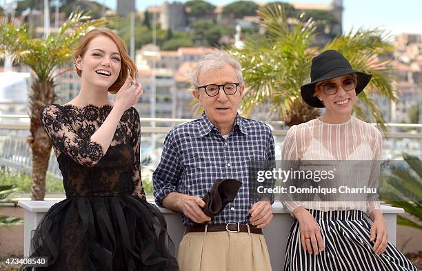 Actresses Emma Stone and Parker Posey with director Woody Allen attend the "Irrational Man" Photocall during the 68th annual Cannes Film Festival on...