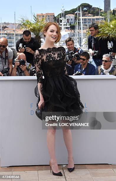 Actress Emma Stone poses during a photocall for the film "Irrational Man" at the 68th Cannes Film Festival in Cannes, southeastern France, on May 15,...