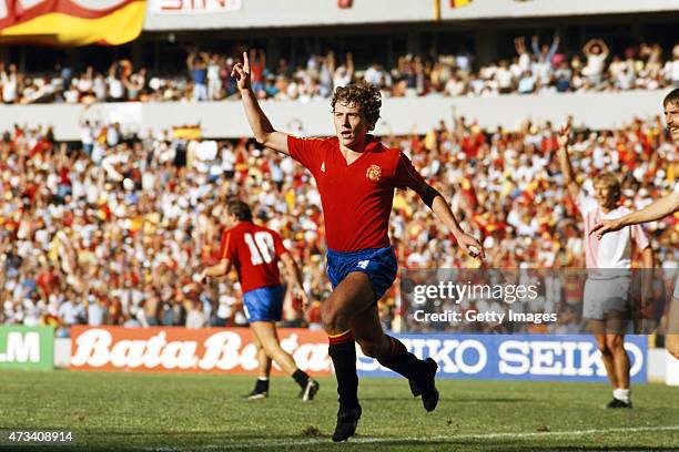 Emilio Butragueno of Spain celebrates after scoring his third of four goals during the 1986 FIFA World Cup Finals Second Round match between Spain...