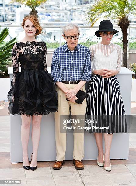 Actresses Emma Stone and Parker Posey with director Woody Allen attend the 'Irrational Man' Photocall during the 68th annual Cannes Film Festival on...