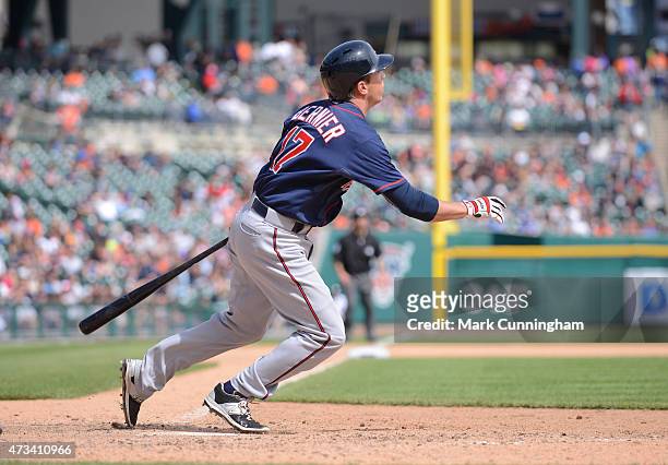 Doug Bernier of the Minnesota Twins bats during the game against the Detroit Tigers at Comerica Park on May 14, 2015 in Detroit, Michigan. The Tigers...