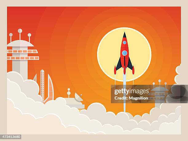 red rocket flies start up concept vector - ship launch stock illustrations