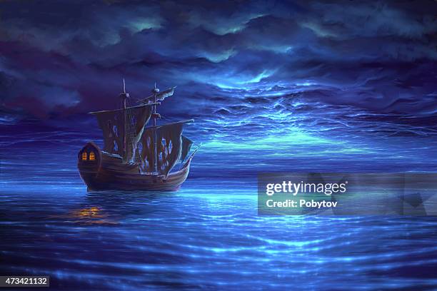 bildbanksillustrationer, clip art samt tecknat material och ikoner med night sea after storm with sailboat, painting - shipwreck