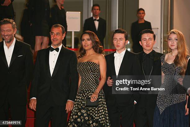 Vincent Cassel,Matteo Garrone,Salma Hayek,Christian Lees,Jonah Lees and Bebe Cave attend the "Il Racconto Dei Racconti" premiere during the 68th...