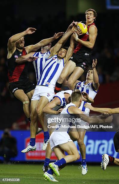 Joe Daniher of the Bombers marks the ball during the round seven AFL match between the Essendon Bombers and the North Melbourne Kangaroos at Etihad...