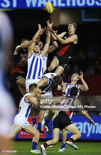 Joe Daniher of the Bombers marks the ball during the round seven AFL match between the Essendon Bombers and the North Melbourne Kangaroos at Etihad...