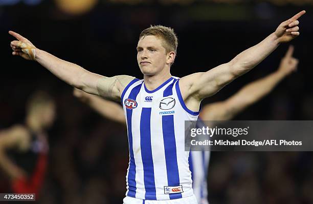 Jack Ziebell of the Kangaroos celebrates a goal to seal the win during the round seven AFL match between the Essendon Bombers and the North Melbourne...
