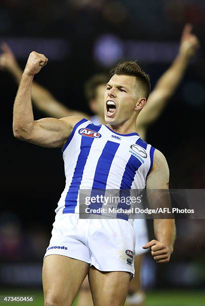 Shaun Higgins of the Kangaroos celebrates a match winning goal during the round seven AFL match between the Essendon Bombers and the North Melbourne...
