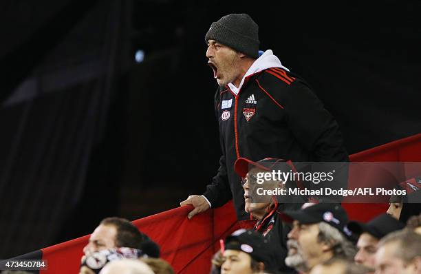 Bombers fan reacts to an umpiring decision during the round seven AFL match between the Essendon Bombers and the North Melbourne Kangaroos at Etihad...