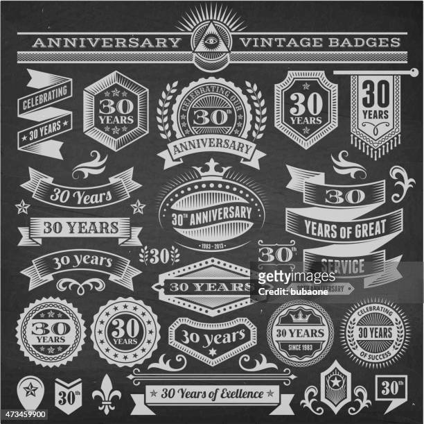 set of 25 year annniversary hand-drawn chalkboard royalty free - 30 34 years stock illustrations