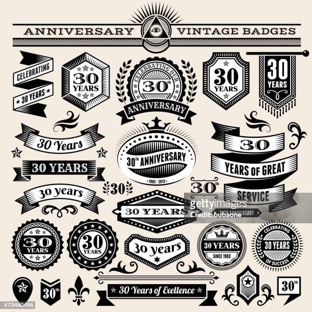 set of 25 year annniversary hand-drawn royalty free - 30 34 years stock illustrations