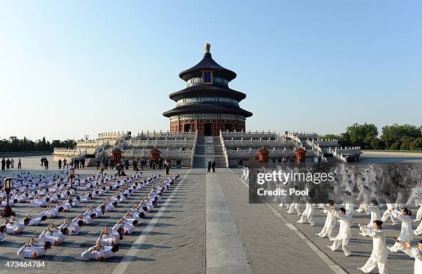 Indian Prime Minister Narendra Modi and Chinese Premier Li Keqiang attends the Taiji and Yoga event at Temple of Heaven park on May 15, 2015 in...
