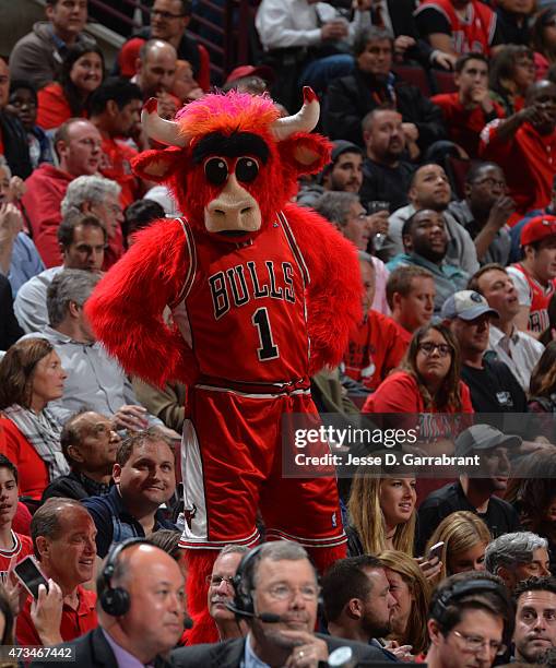 Benny Mascot of the Chicago Bulls smiles for the camera against the Cleveland Cavaliers at the United Center During Game Six of the Eastern...