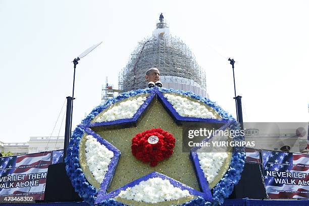 President Barack Obama delivers remarks at the 34rd Annual National Peace Officers' Memorial Service on Capitol Hill in Washington, DC on May 15,...