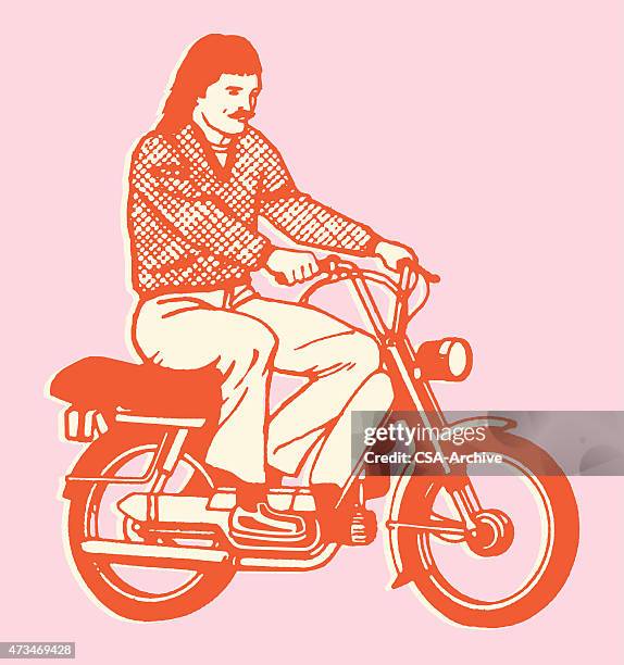 ilustrações, clipart, desenhos animados e ícones de homem andando scooter - lambreta