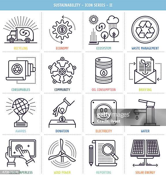 sustainability reporting icons set - solid waste management stock illustrations
