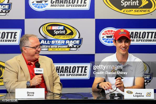 Doug Rice, a broadcaster for PRN, and Joey Logano, driver for the ...