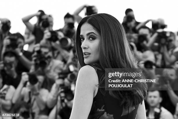 Mexican actress Salma Hayek poses during a photocall for the film "Il racconto dei racconti" during the 68th Cannes Film Festival in Cannes,...