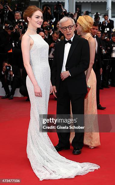 Emma Stone,Woody Allen and Parker Posey attend the Premiere of "Irrational Man" during the 68th annual Cannes Film Festival on May 15, 2015 in...