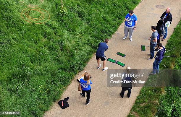 Competitor takes his tee shot on the 4th hole during the UK Cross Golf Open at Queen Elizabeth Olympic Park on May 15, 2015 in London, England.